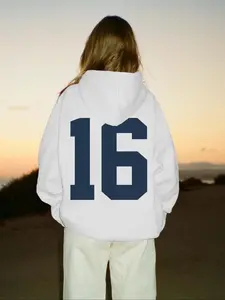 Women's Number Print Thermal Lined Hoodie, Fashion Casual Drawstring Pocket Hooded Sweatshirt for Daily Holiday Outdoor Wear, Women Clothing for Fall & Winter