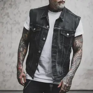 Vests Men Denim Jacket Turn Down Collar Sleeveless Coats Casual Regular Splice Pocket Button Single Breasted Coat Jackets 2024 Black Tops