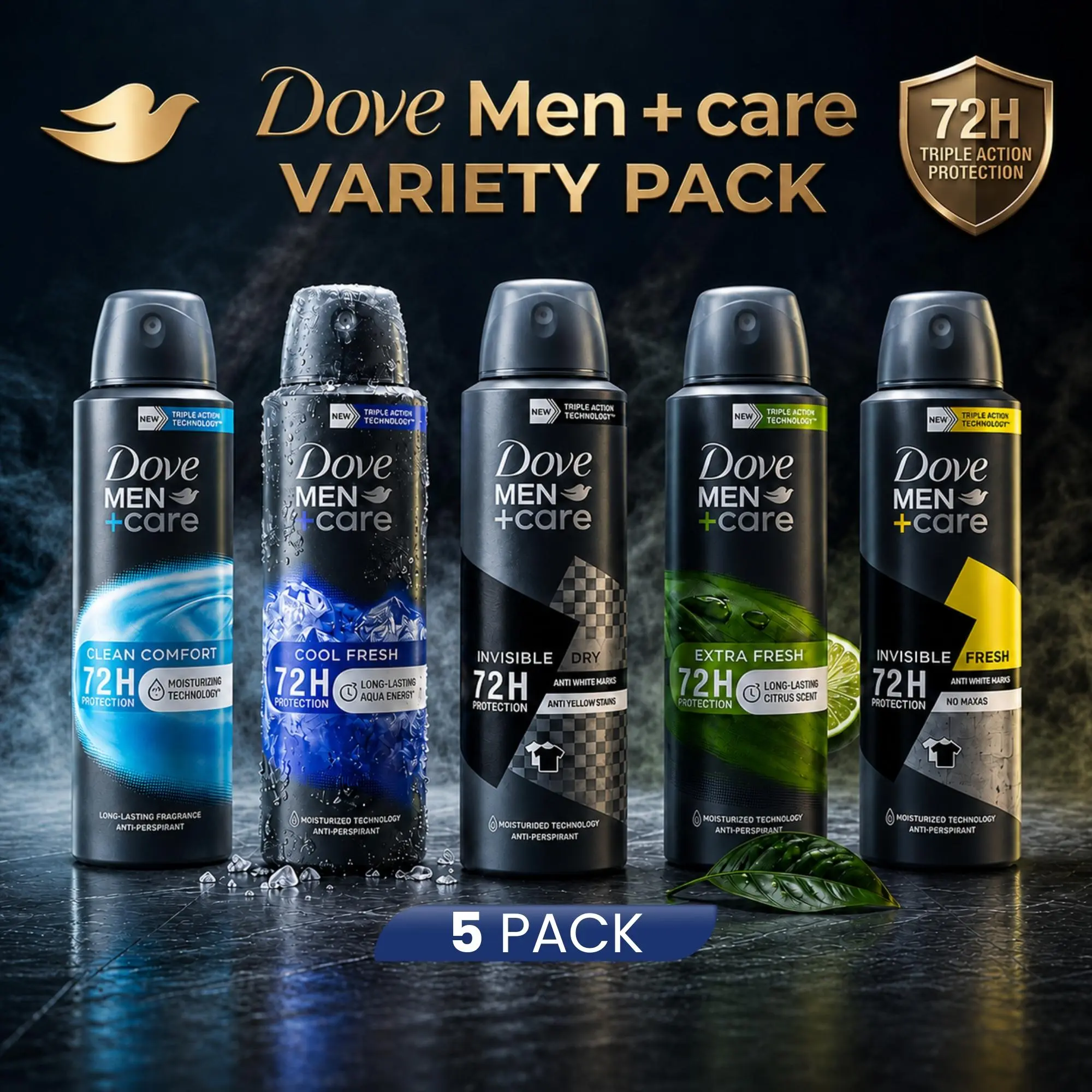 Dove Men+Care Deodorant Spray Variety Bundle 5 Pack (150ml / 5oz) 72H Triple Action Protection Antiperspirant - Long Lasting Sweat Defense Clean Comfort, Extra / Cool Fresh & more Scents Men's Body Spray Mixed Flavors