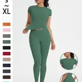 2-Piece Set Soft Moisture-Wicking Round Neck Short Sleeve Top & Elastic Yoga Pants, Comfortable Sportswear for Fitness, Running, Outdoor Activities