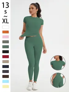 Women's Sportswear Set, Slim-Fit Round Neck Short Sleeves & High-Waisted Yoga Pants, Ideal for Gym Running Outdoor Activities, Stretchy Suit Set, Fitness Outfits, Workout Running Outfits, Solid Sports Sets, Fitness Clothes, Activewear Clothes
