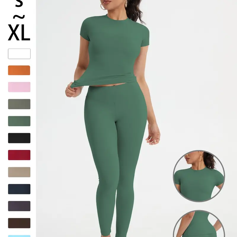 【Black Friday】2-Piece Set Soft Moisture-Wicking Round Neck Short Sleeve Top & Elastic Yoga Pants, Comfortable Sportswear for Fitness, Running, Outdoor Activities