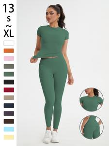 Women's Sportswear Set, Slim-Fit Round Neck Short Sleeves & High-Waisted Yoga Pants, Ideal for Gym Running Outdoor Activities, Workout Running Clothes
