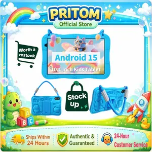 [TikTokShopStockUp]PRITOM Kids Tablet 10 inch Android 15 8GB RAM 32GB ROM Dual Cameras WiFi 6 6000mAh Battery Protective Silicone Case Animal Flash Cards Educational Apps Toddler Gifts Stress Relief Case Pink Blue-Tablet Screen