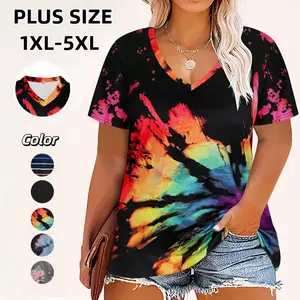 【Plus Size】Women Tops Tie Dye V Neck Shirt Floral Camo Summer Short Sleeve Tunic Oversized Ladies Blouse XL-5XL