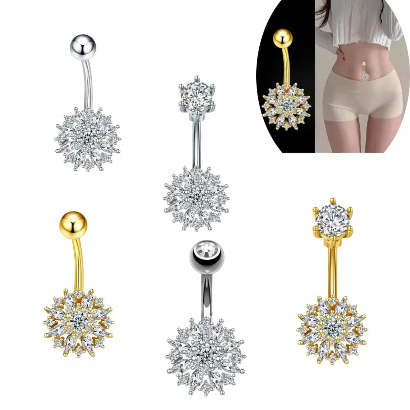Floral Cubic Zirconia Dangle Belly Button Ring for Women, Corrosion Resistant Stainless Steel with Good Toughness, Hypoallergenic Piercing Jewelry for Dance, Beachwear & Music Festivals, Female, Moderate Size, Zircon Dangle