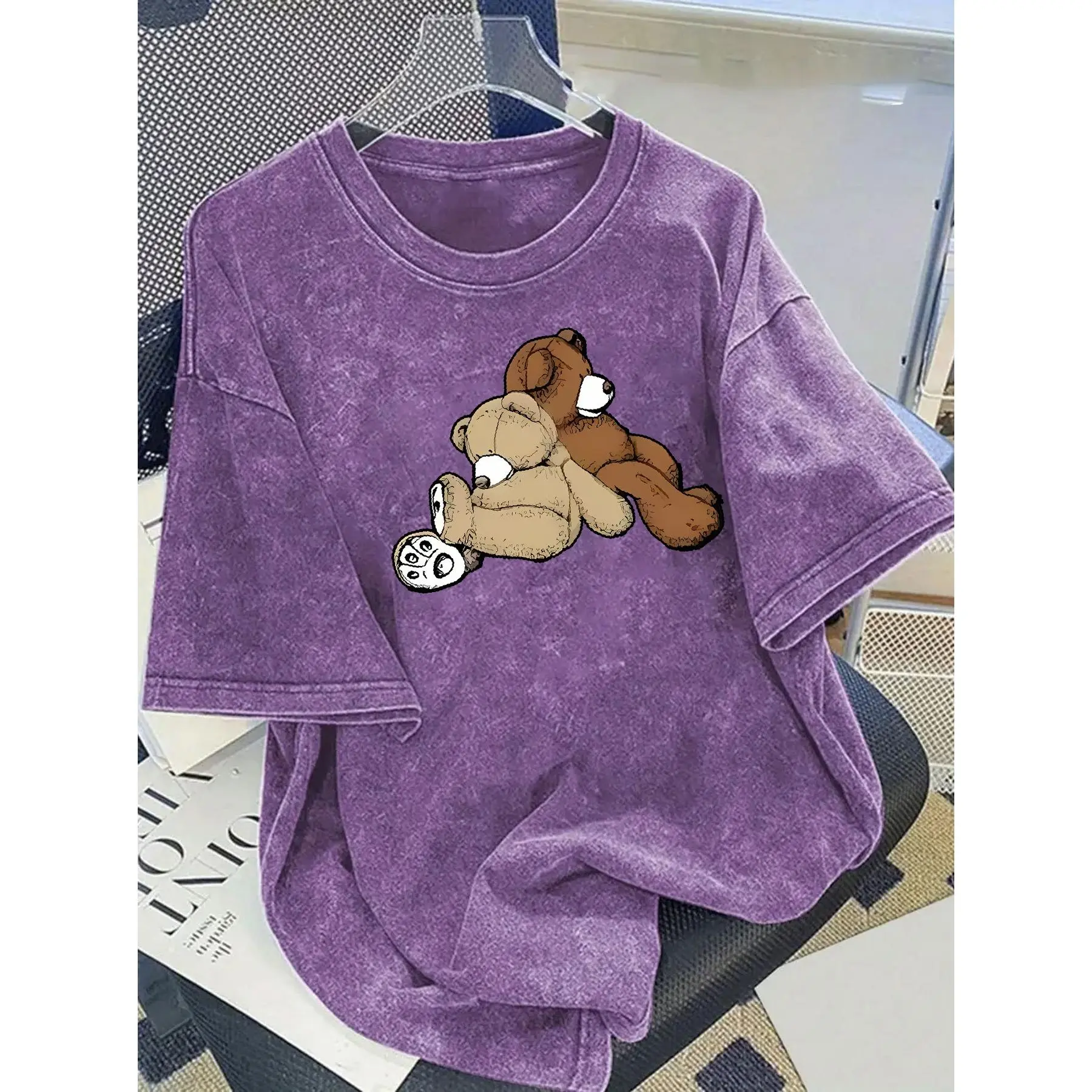 Oversized Graphic T-Shirt for Women, Grunge Aesthetic Teddy Bear Skull Print, Retro Acid Wash Distressed Streetwear, Fit, Cotton, Cute Cartoon Style Women's T-Shirts, Shortsleeve, Tshirt, Casual, Round Neck, Tops, All Seasons, Dry Clean
