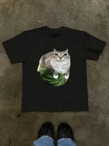 Funny Watermelon Cat Print T-Shirt, Round Neck, Comfortable Cotton Loose Fit, Casual Graphic Tee for Home, Daily Wear, Y2K Style, Aesthetic