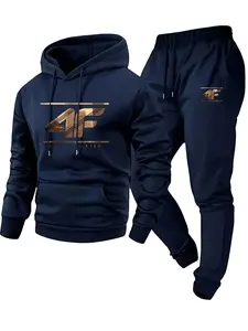 Men's Hoodie & Jogger Set with '4F' Print - Casual Sportswear, Beige & Black Matching Tracksuit