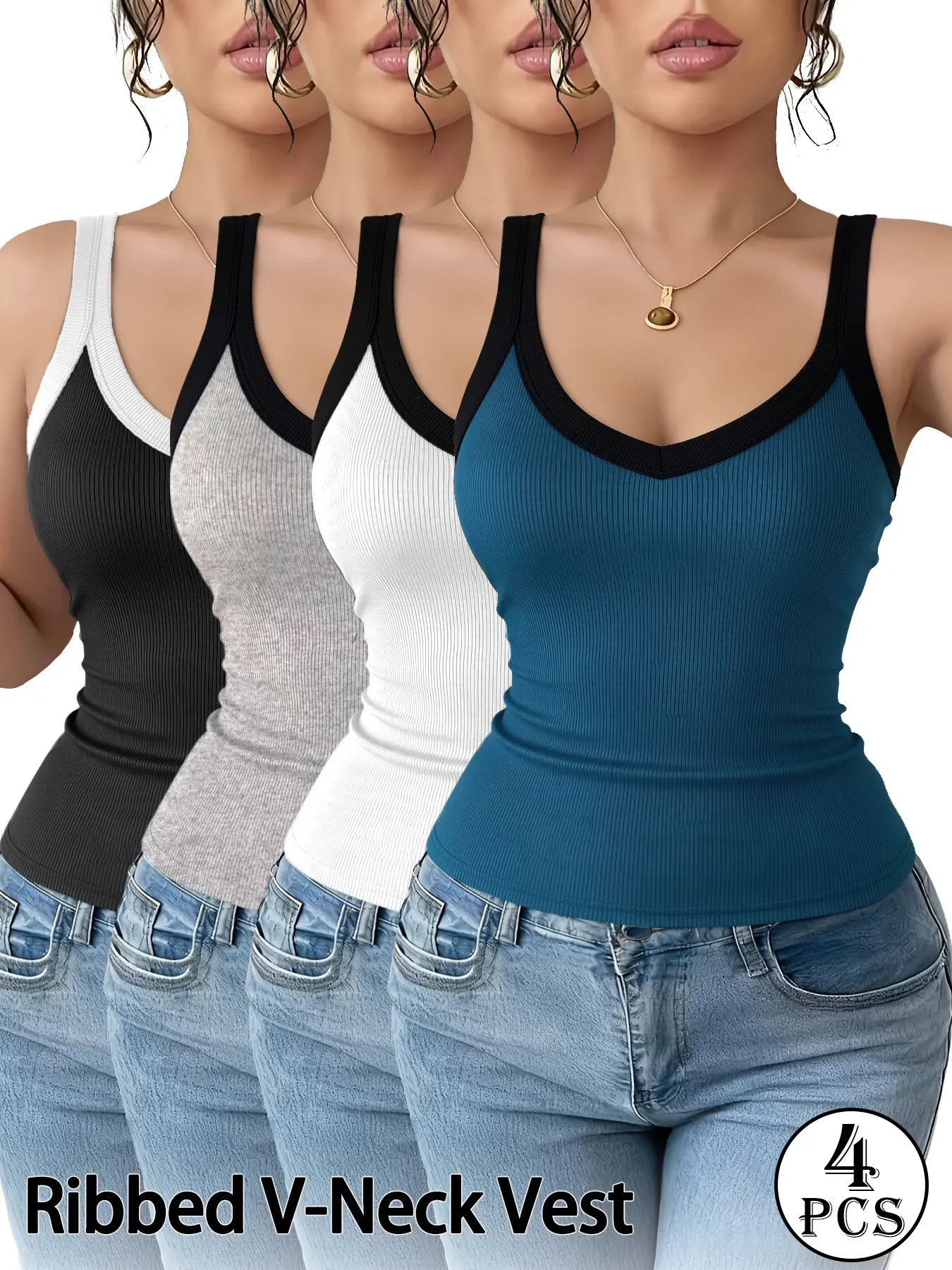 Women's 4Pcs Ribbed U-Neck Braless Cami Tank - Slim Fit High Stretch Sleeveless Minimalist Plain Breathable Layering Vest for Daily Casual Wear, Tank Tops for Women