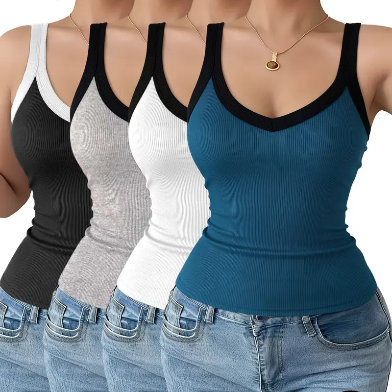 Women's 4-Piece Ribbed U-Neck Braless Cami Tank - Slim Fit, High Stretch, Armless, Comfortable, Basic Style, Breathable Minimalist Plain Layering Vest for Daily Casual Wear, Armless Women's Tanks & Camis