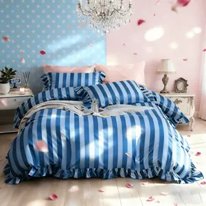 Fashion Striped Pattern Sheet Set, Blue Ruffle Edge, Soft Skin-Friendly, All-Season Bedding, Three-Piece Bed Linen, Soft Bedding Sets