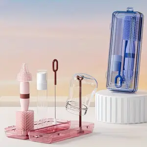 6pcs/Pack Portable Silicone Bottle Brush Set With Case, Including Bottle Brush, Nipple Brush, Straw Brush,Spray Bottle,Bottle Rack, Milk Bottle Cleaning Set Perfect For Outdoor Travel