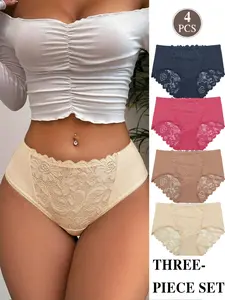 Women's High Waist Lace Underwear Set, Sexy Breathable Soft Elastic 4 Pack, Plain Triangle Panties, Comfortable Fit for Daily Wear