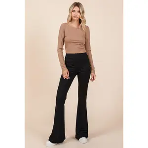 Mittoshop Stretchy Soft Elastic Waist Flare Pants Basic Comfort Flared Spandex