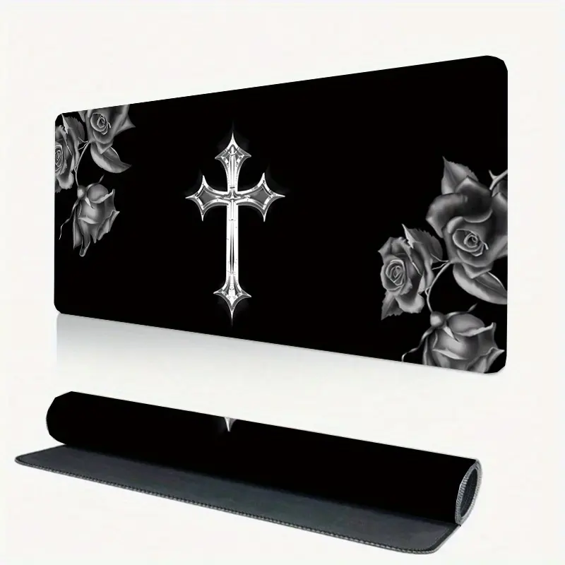 Gothic Cross and Rose Gaming Mouse Pad - Black and White Aesthetic Table Pad, Non slip Base, Smooth Surface Suitable for Home Office and Gaming, Unique Decoration with High Definition
