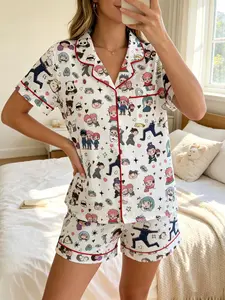 Anime Print Women's Pajama Set, Comfortable Two-Piece Sleepwear, Short Sleeve Button-Up Top and Elastic Shorts, Casual Home Wear, Perfect Gift