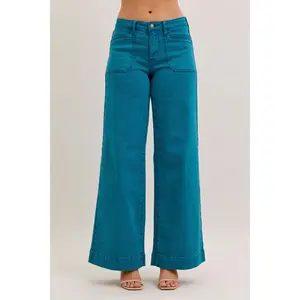 Judy Blue Mid Rise Teal Utility Wide Leg Denim Jeans 881061