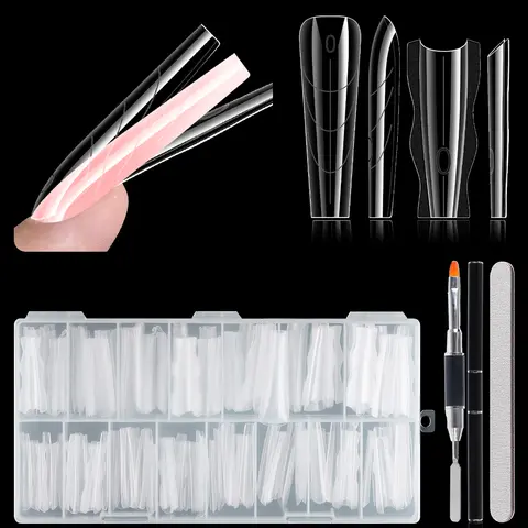 Sandwich Dual Nail Forms for Builder Gel, 180PCS Coffin Nail Forms with Brush Pen File Polygel Extension Tools Kit Top & Bottom Dual Form System Guide Lines Tips Professional Manicure Supplies