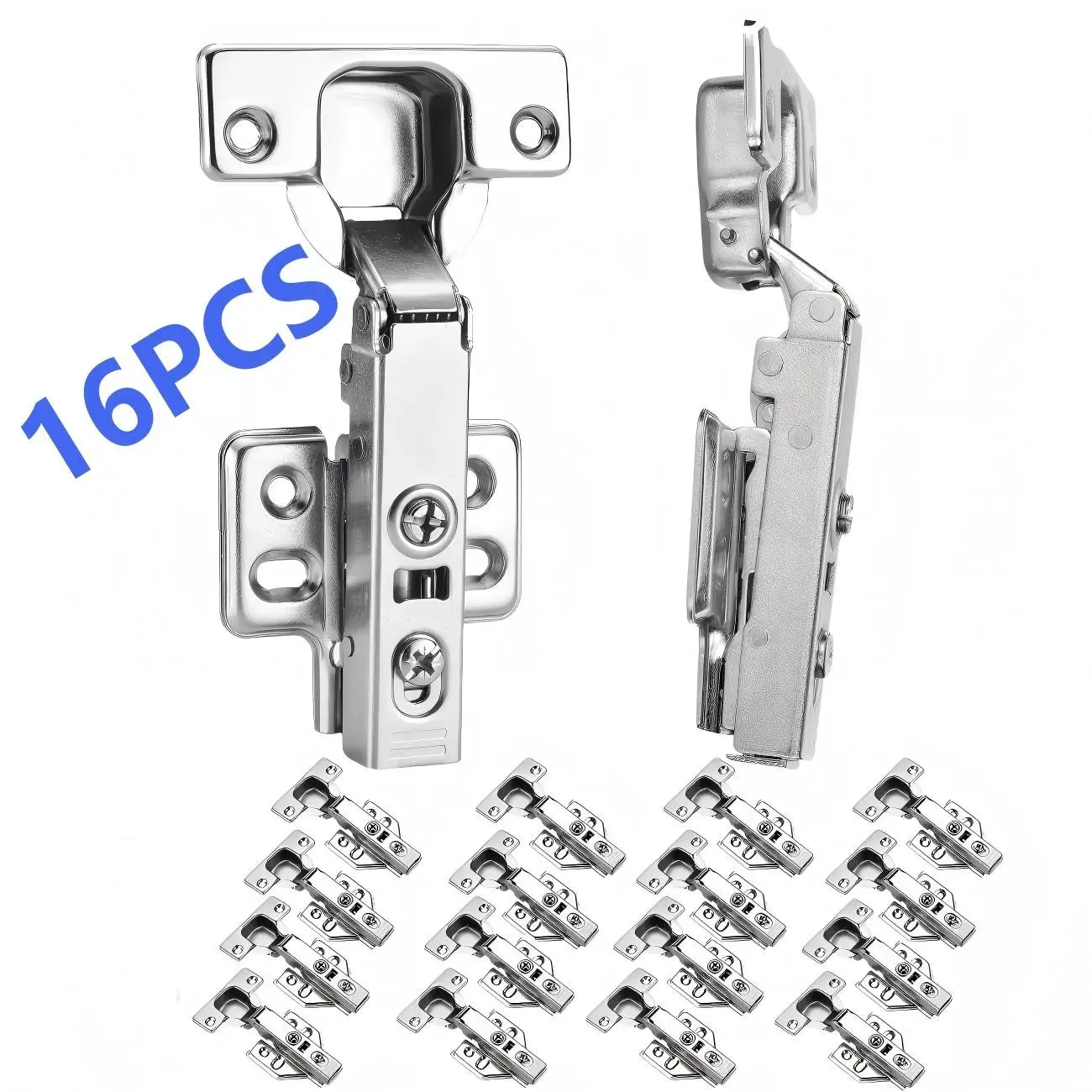 16 Sets Metal Color Fixed Hydraulic Hinges, Door Hardware, Dampening Silent Buffer, Quiet Closure, Suitable for Cabinet Doors and Side Panels, Includes Installation Screws