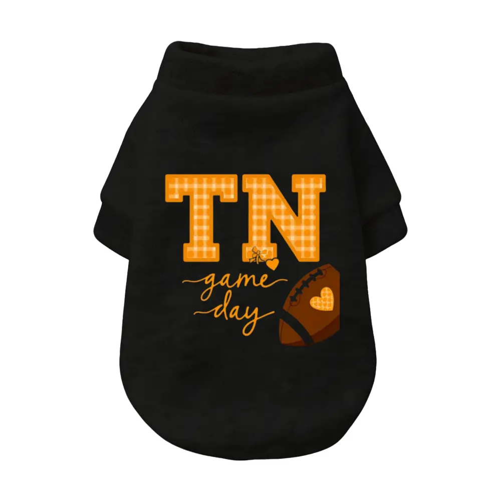 TN Game Day Dog Shirt - Black with Orange Checkered Letters and Football Design for Pet Fans