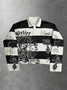 Unisex Black and White Long Sleeve Striped Print Polo Shirt with "Saints Empowerment" Graphic and Crown of Thorns Print, Gothic Streetwear Top for Concerts and Alternative Fashion Polo Tees