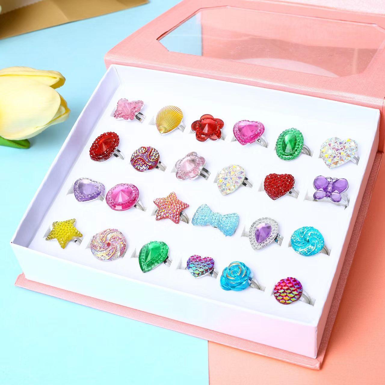 Kids Gifts Adjustable Ring 24P Pink Sheet Cute Rings for Girls - Pink Theme, Nickel Free, Safe Materials, Suitable for Ages 3-8, Birthday Gift