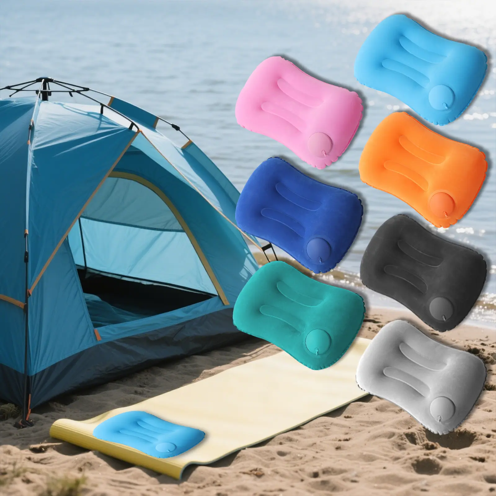 Camping Inflatable Pillow, Easy to Carry Foldable PVC Plush Pillow with Cushion, Perfect for Outdoor Adventures and Lunch Breaks