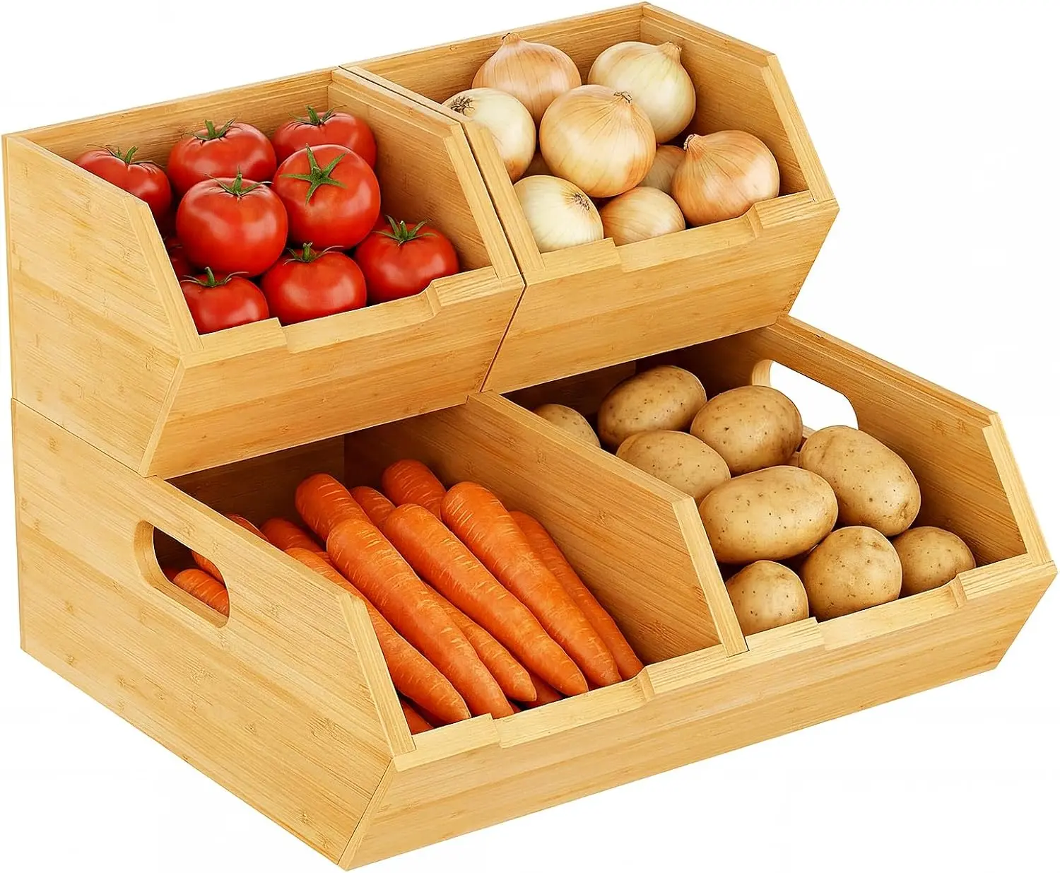 3 Pack Potato and Onion Storage Bin for Pantry and Kitchen Counter - Ventilated Stackable Bamboo Organizer Baskets with Handles - Multipurpose Organization Containers for Fruit, Vegetable, Pantry