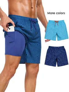 Men's 2-In-1 Compression Lining Swim Trunk, Quick-Dry Beach Shorts, 7-Inch, Sporty Geometric Design, Fitted Fit, Summer Swim Trunks