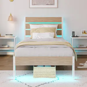 LED Glow Twin/Full Bed Frame Charging Station + Wooden Headboard  for Dreamy Vibes Modern No Box Spring Sturdy Chill Blue Warm White