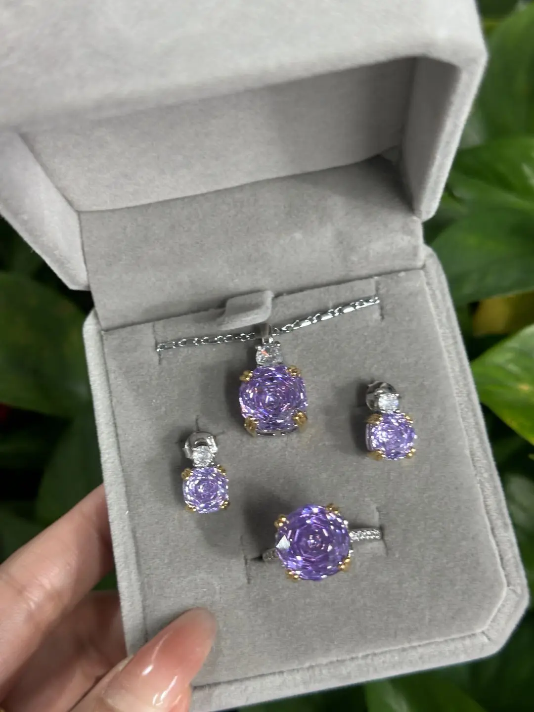 Natural Crystal Jewelry Set, Rose (10635)gc Purple Cut Crystal Accessory, Set Jewelry