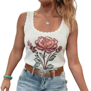 Asvivid Women's Retro Floral Print Scalloped Square Neck Knit Sweater Vest Sleeveless Summer Tops Womenswear