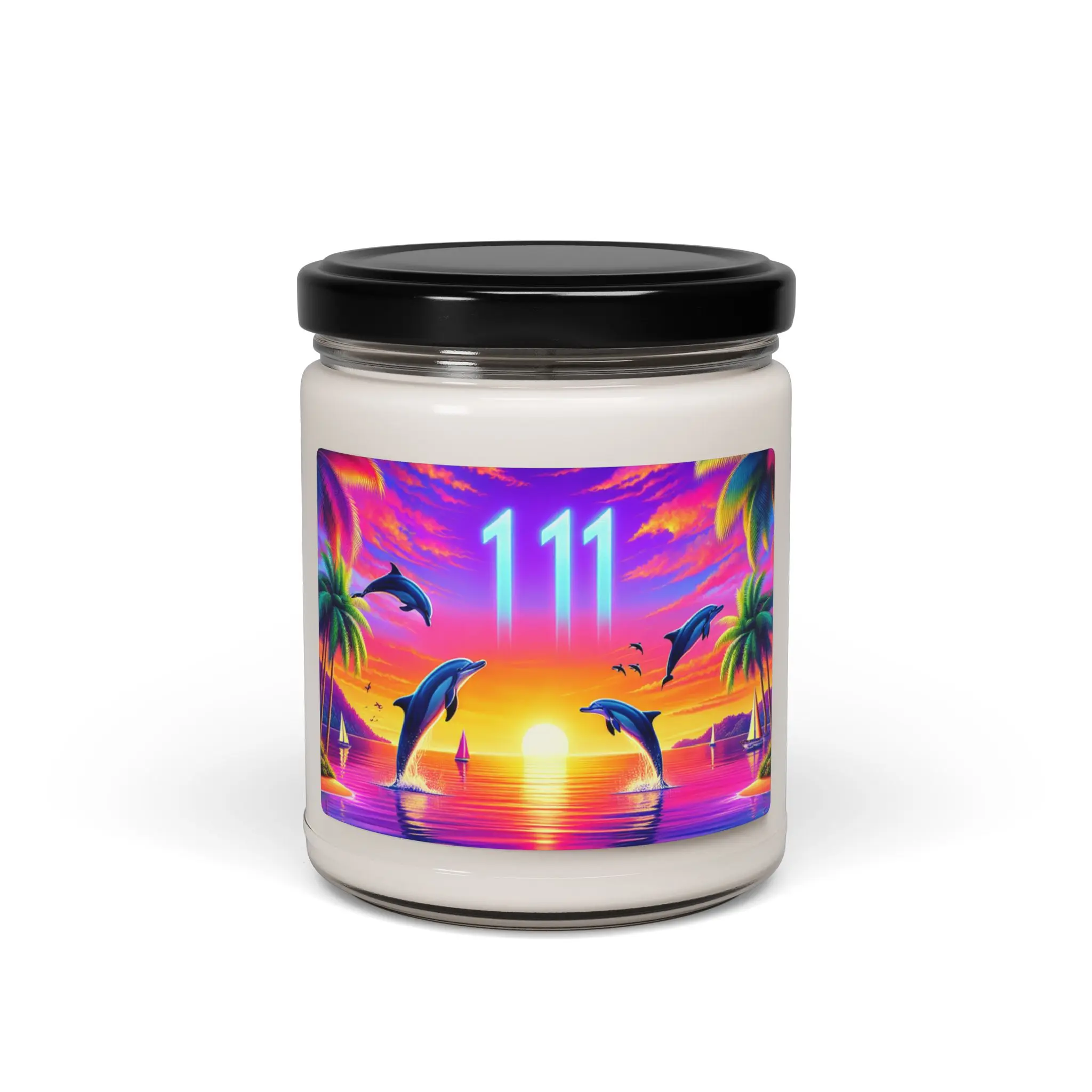 Scented Candle 9 Flavors "Dolphin Dusk: Paradise Shores Sunset Symphony" - 1111 Tropical Beach Sunset with Palm Trees, Dolphins, and Sailboats Art Decor Glass Wick Decoration Freshener Aroma