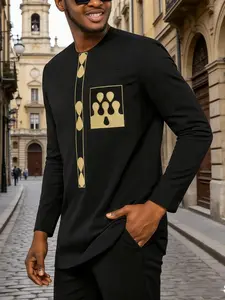 Men's Casual Dashiki Set, Round Neck Long Sleeve, Zipper Embroidery, Split Hem Pullover, Drawstring Waist Pants, All Seasons