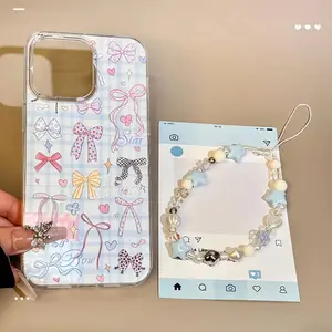 For iPhone 16 15 Pro Max 14 13 Plus 12 11 Pro Cute Bow Phone Case Shockproof Soft Cover Blue, with Star Bracelet Wrist Chain