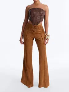 Out West Faux Suede Lace Front Straight Leg Pant - Camel