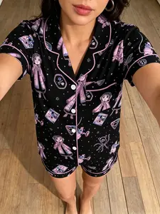 Dreamy Macaron Cartoon Print Pajama Set, Short Sleeve and Shorts, Lightweight Pure Cotton, Ideal for Home Relaxation