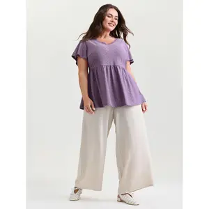 BLOOMCHIC Women's Plus Size Short-Sleeve V-Neck Spandex Garment - Flat Woven T-Shirt with Textured Lace Trim, M-6X Fit, 2026 Summer Pick (Womenswear Tops),Summer wins,Deals for you days Fabric Blouse
