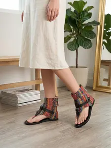 Women Toe Post Roman Sandals - Flat Vintage Style Thong Sandals with Buckle Strap, Fashion High-Top Gladiator Sandals for Summer Casual, Beach& Vacation Wear