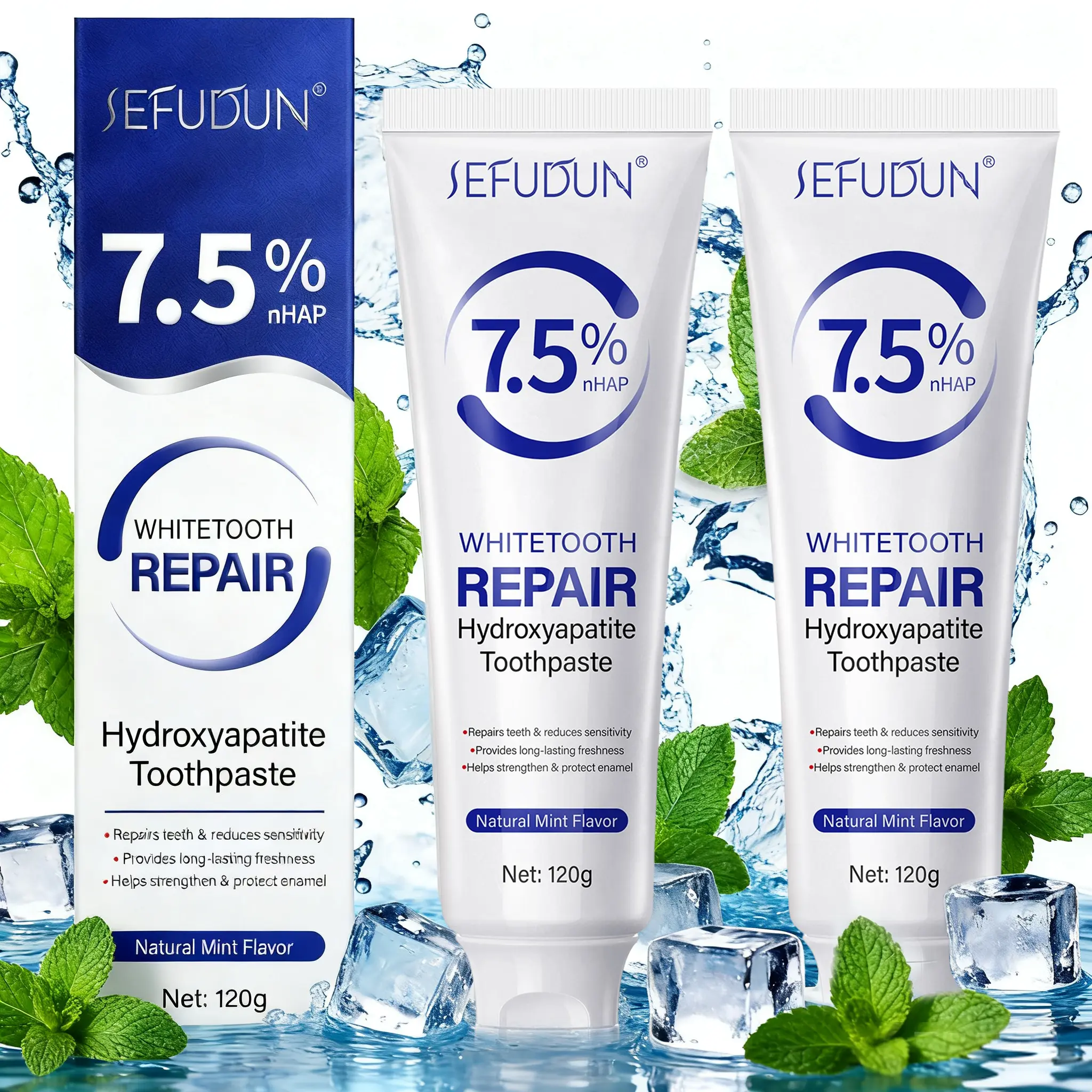 SEFUDUN Hydroxyapatite Mint Cleaning Toothpaste 120g, Nano Hydroxyapatite, Repairs Teeth And Reduces Sensitivity, Natural Mint, Long-Lasting Freshness, Enamel Strengthening, Helps To Strengthen And Protect Tooth Enamel, Suitable For Everyone