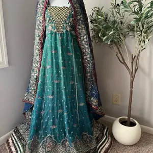 Long Modest Gown for Wedding Birthday Elegant Turquoise Embroidered Anarkali Suit with Matching Dupatta