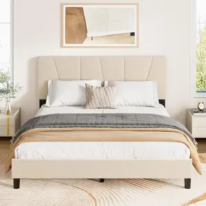 Bed Frame with Adjustable Headboard,Velvet Platform Bed Frame with Wooden Slats, Heavy‑Duty Support, Quiet Design, No Box Spring Needed, Easy Assembly Beige Twin Full Queen King Size
