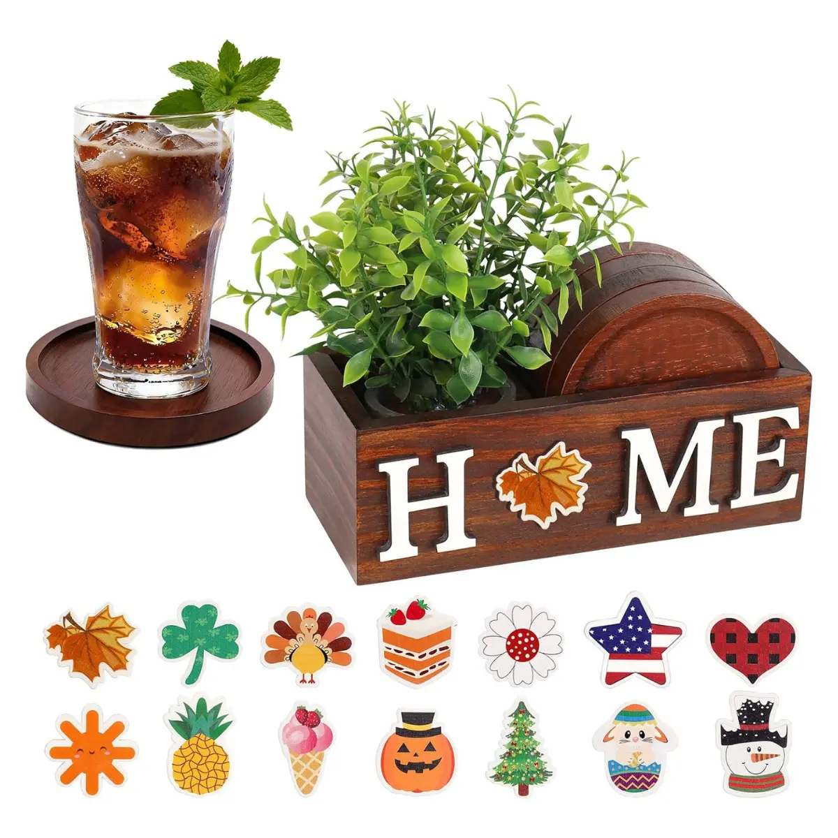 Set of 4 Wood Coasters with Holder, Potted Plant Home Decor for Tables