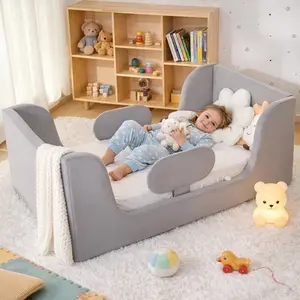 MOPHOTO Toddler Bed, Toddler Floor Bed Frame with Removable Guard Rails, Small Bed for Kids Boys and Girls Standard Crib Size Toddler Bed, Certified Fabric Cute Nursery