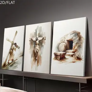 Easter Jesus Resurrection Poster Set, 3-Piece Christian Art Print, High-Quality Wall Decor, Handmade Frameless, Rural Theme, Winter Painting