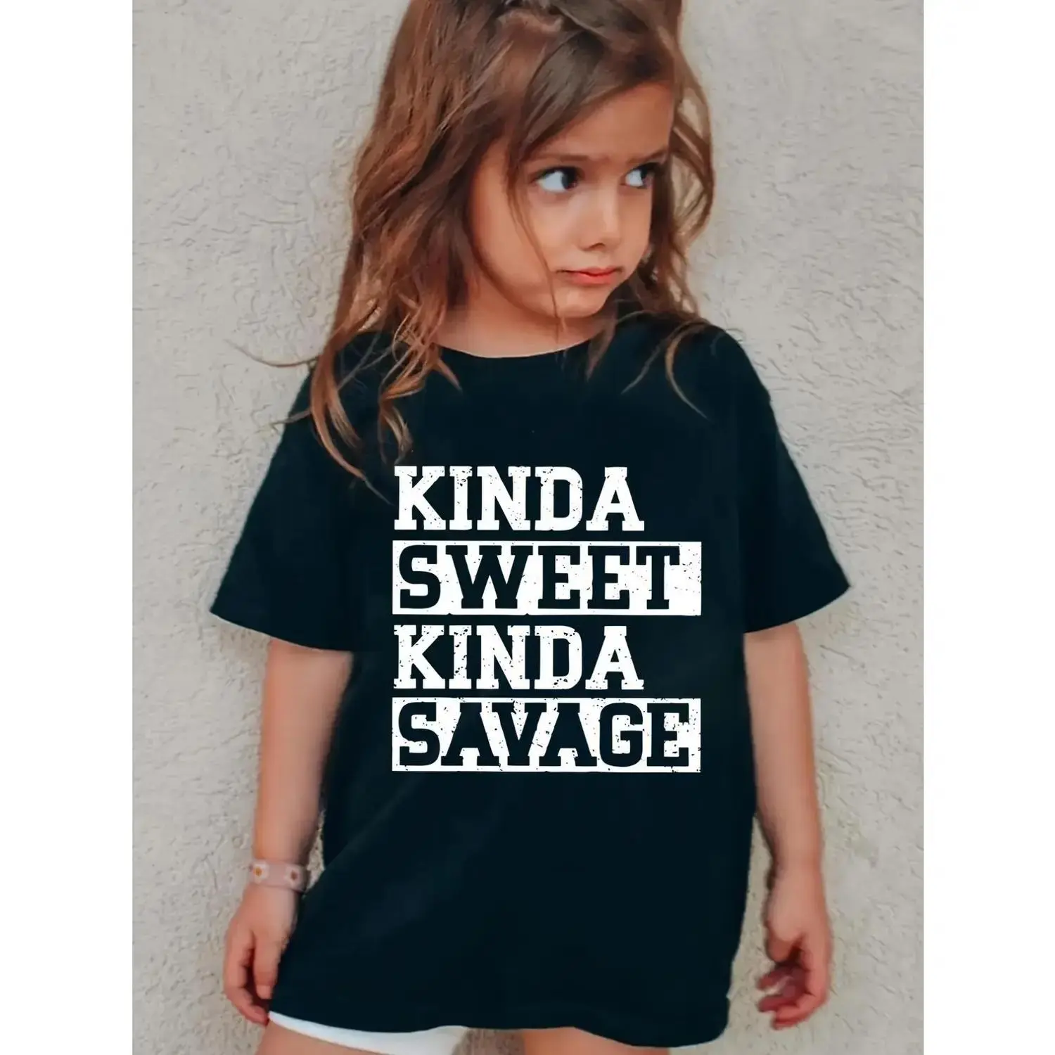 Kinda Sweet Kinda Savage" Girls 100% Cotton Graphic Tee - Black Casual Crew Neck Short Sleeve Tee, Perfect for Summer Outdoor Fun and Gifts, Everyday Tee for Girls | Bold Graphic Tee | Comfort Fit (3-13Y)