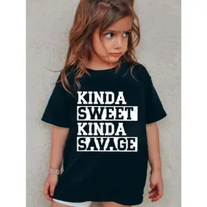 Kinda Sweet Kinda Savage" Girls 100% Cotton Graphic Tee - Black Casual Crew Neck Short Sleeve Tee, Perfect for Summer Outdoor Fun and Gifts, Everyday Tee for Girls | Bold Graphic Tee | Comfort Fit (3-13Y)