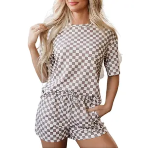 Black Checkered Top and Short Casual 2pcs Set - 95% Polyester 5% Elastane Loose Fit Tee with Drop Shoulder & Elastic Waistline Tie Detail Womenswear Clothes Everyday Suits