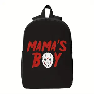 Best Trendy Boys' Lightweight School Backpack - Durable Polyester Casual Daypack with Adjustable Shoulder Straps, Zipper Closure & "MAMA's BOY" Hockey Mask Print - Black/Red Design for School, Sports, Everyday Use, for Teenager Boys  Supplies